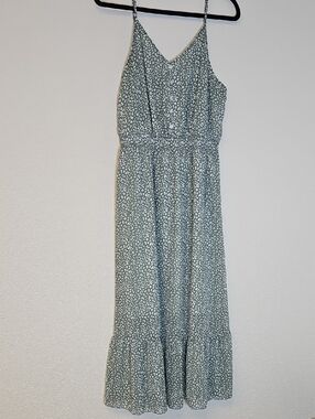Sage Green Spotted V-Neck Maxi Dress with Ruffle Hem